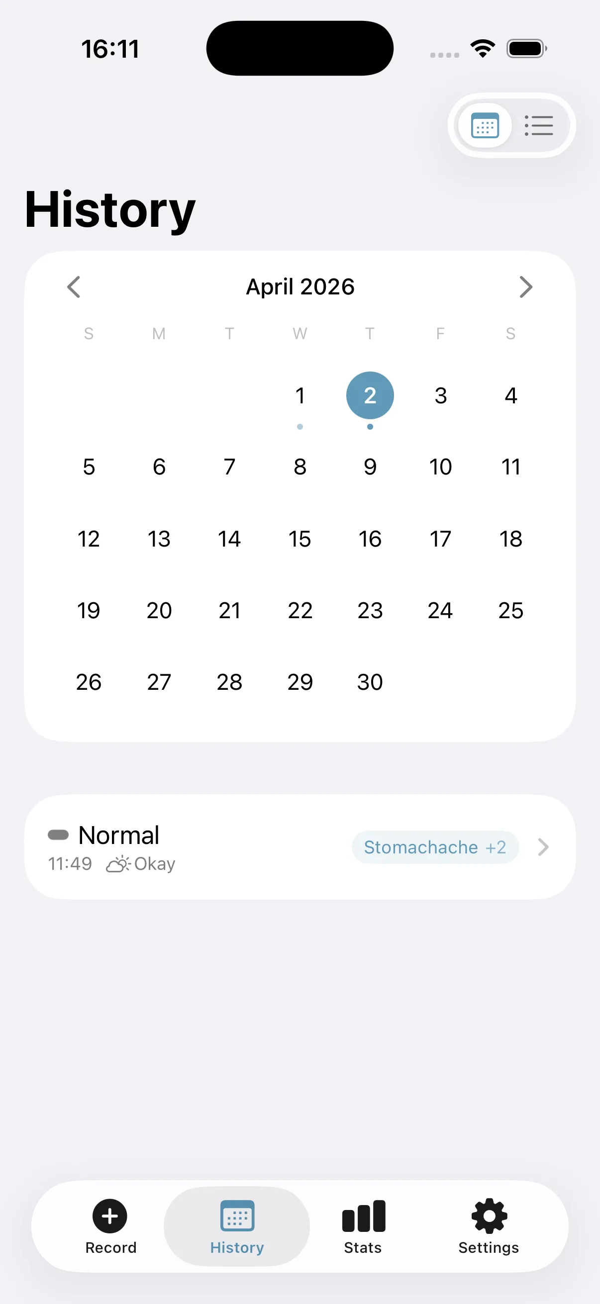 The history screen. A month calendar marks the days that have records, and the selected day's entry sits below it as a single row.