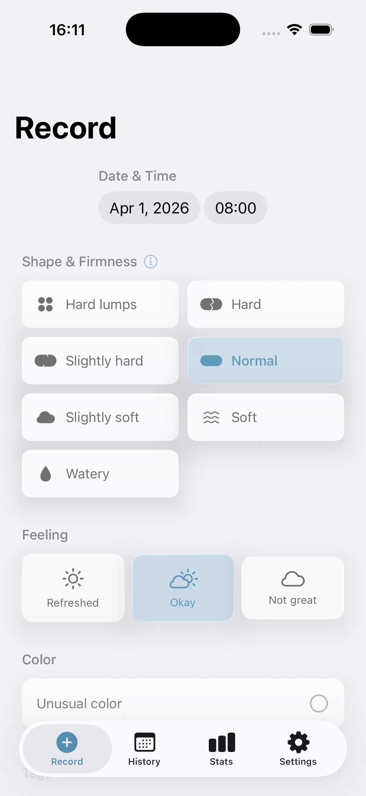 The app's record screen. A date and time, a shape and firmness picker of seven plainly named options, a three-option feeling row, and a colour field.