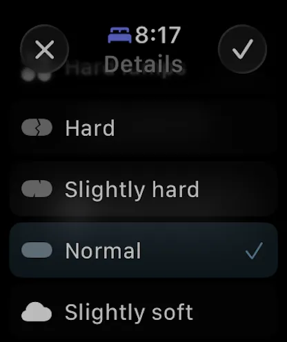 The same shape and firmness options on Apple Watch, as a scrollable list with the selected option checked.